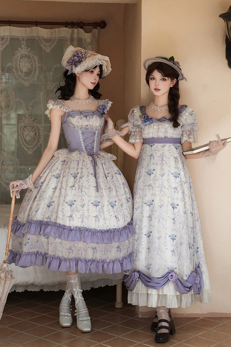Purple/Ivory Iris Secrets Short Sleeves Double-Layered Print Ruffle Bowknot Lace-Up Sweet Lolita Dress