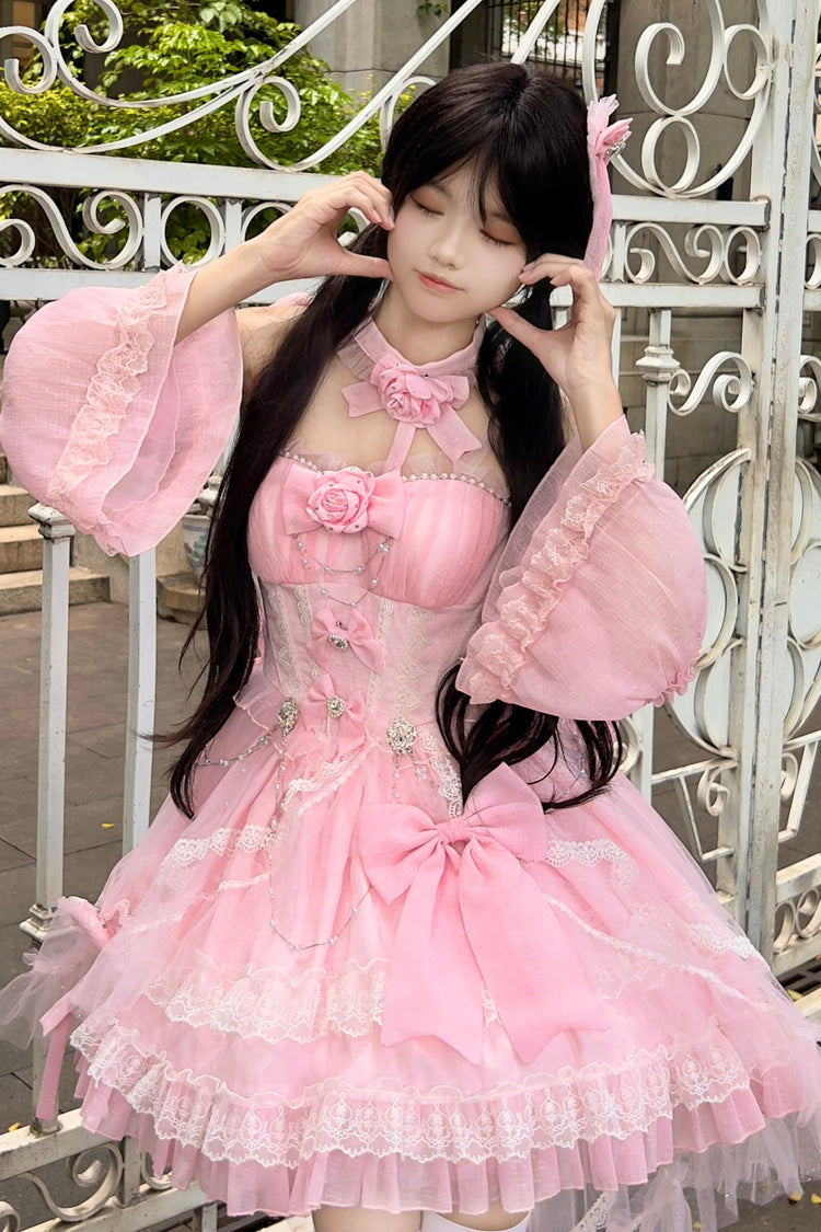 Galaxy Flower Language Multi-Layered Ruffle Bowknot Sweet Lolita Tube Top Dress 2 Colors