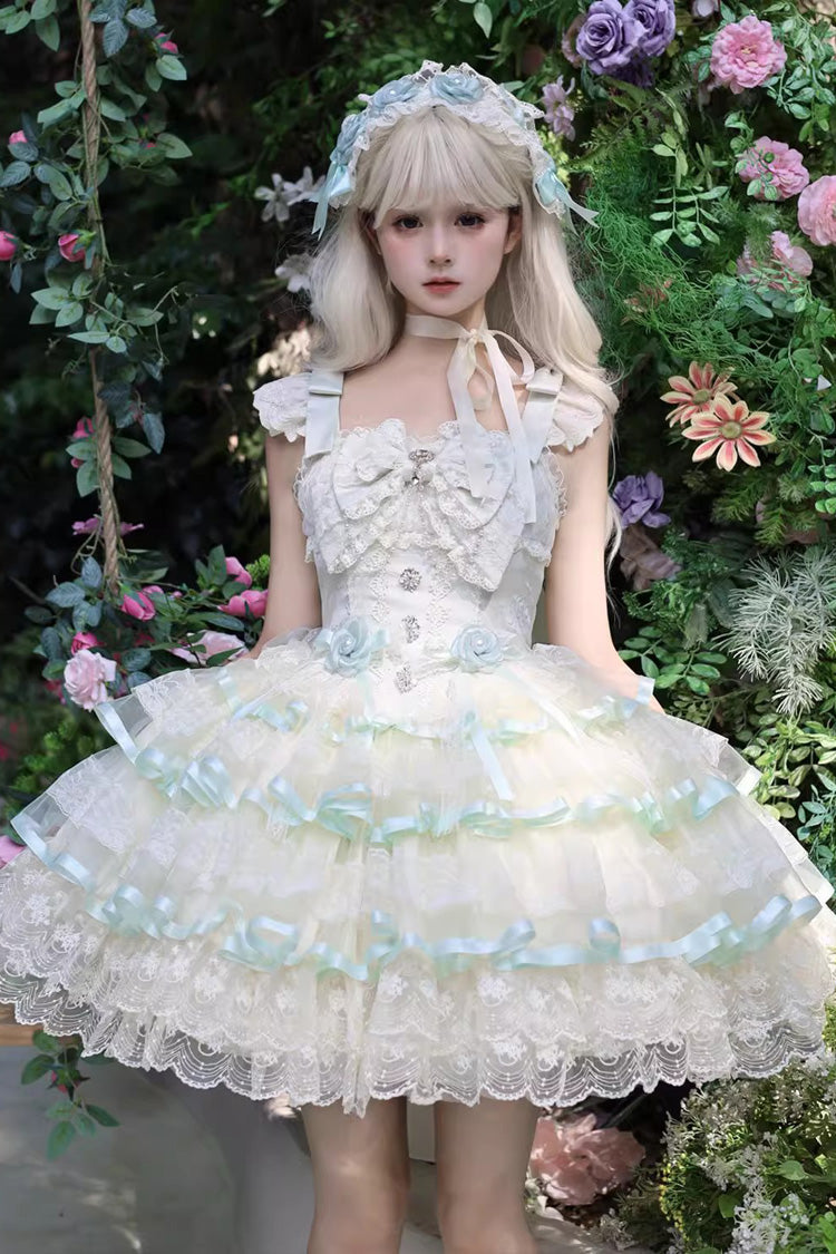 Green Rose Feather Waltz Sleeveless Triple-Layered Ruffle Bowknot Lace Sweet Ballet Lolita Jsk Dress