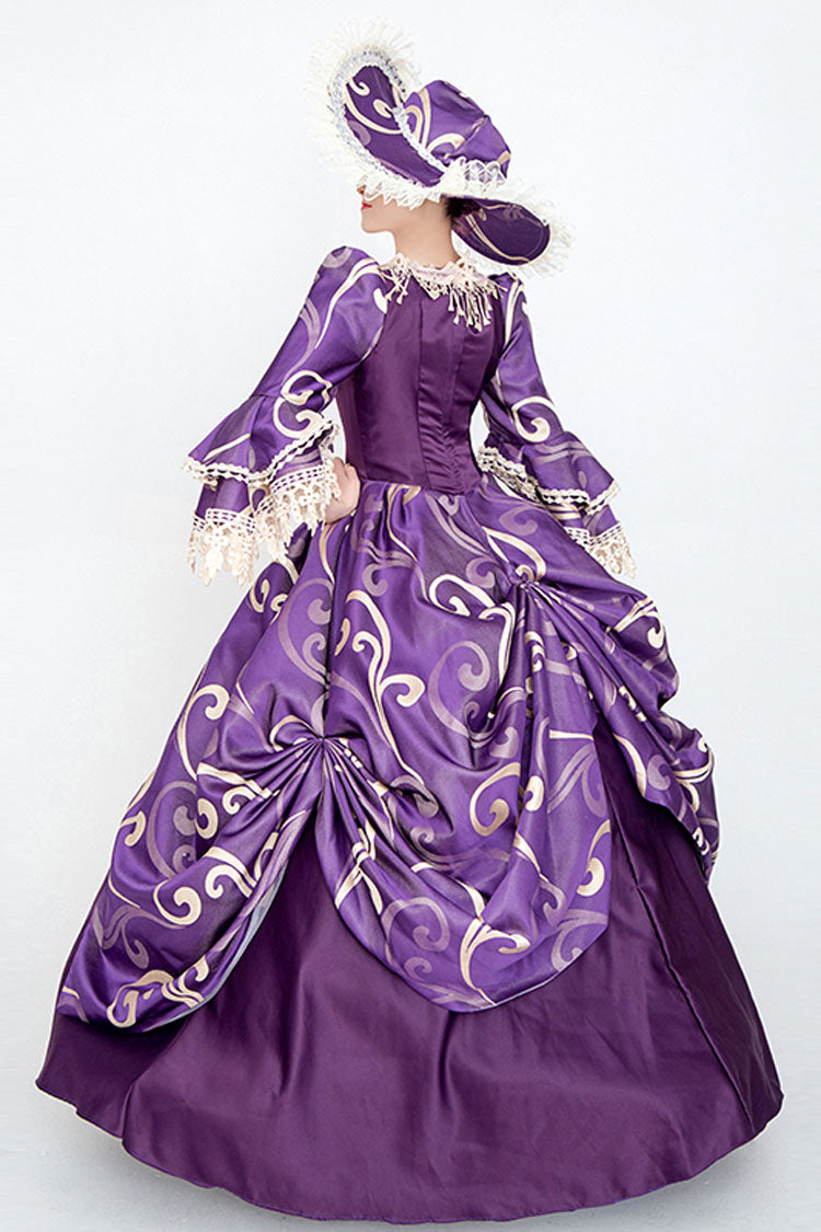 Purple Half Sleeves Trumpet Sleeves High Waisted Print Victorian Lolita Prom Dress