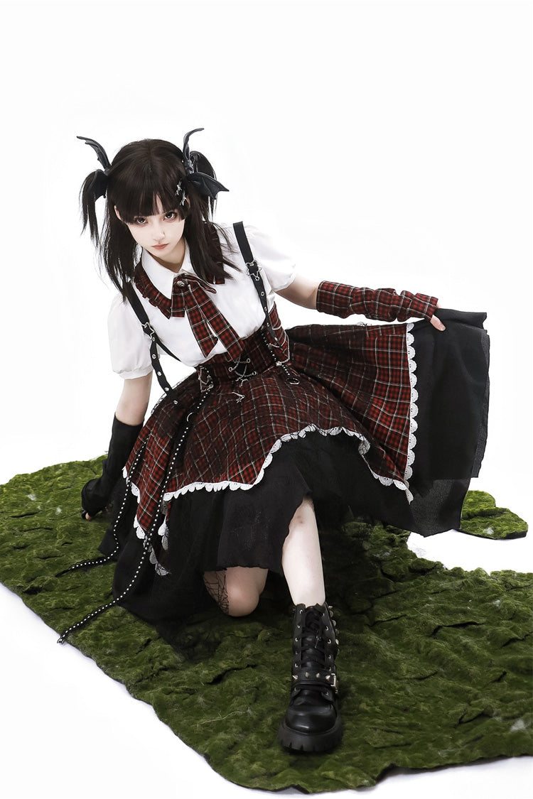 Black/Red Soul Mantra Plaid Print Irregular Sweet Lolita Strap Dress