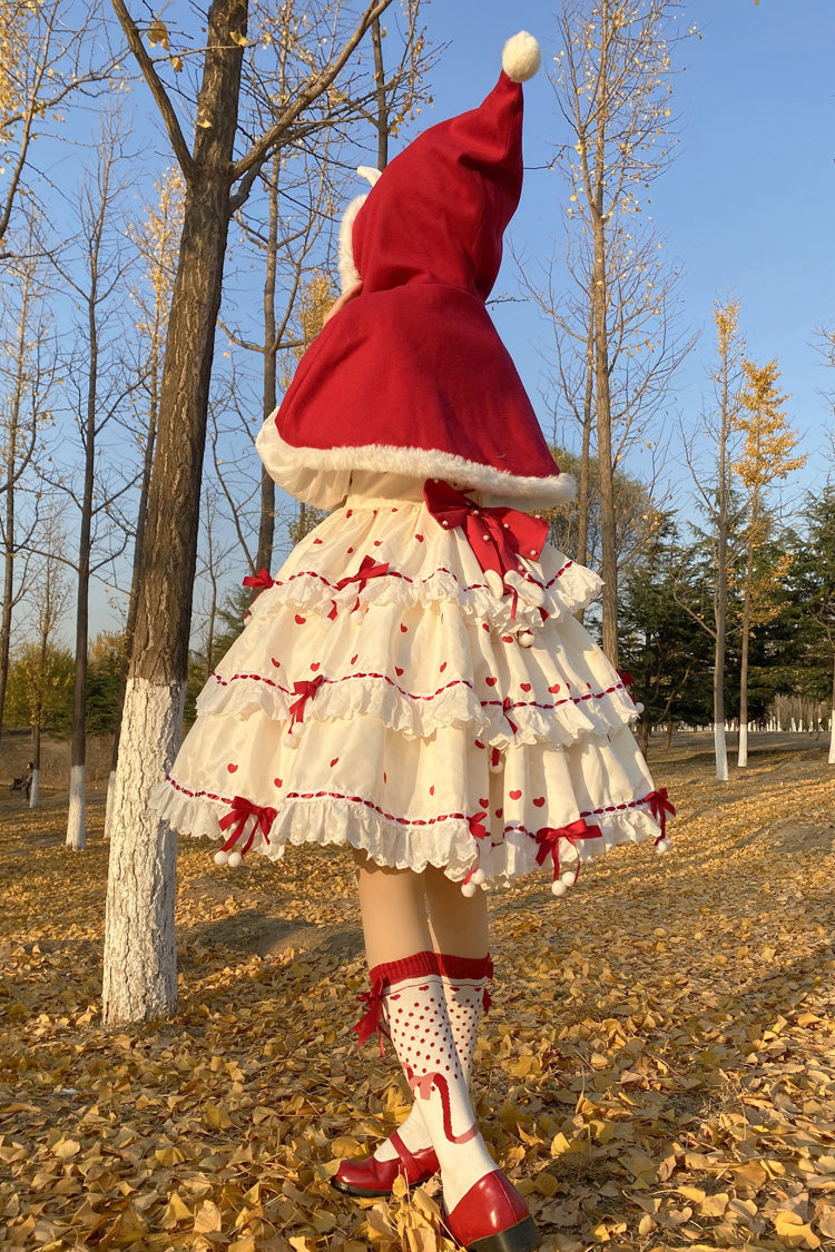 Red/Apricot Triple-Layered Print Ruffle Bowknot Lace Sweet Princess Lolita Dress Cloak Set