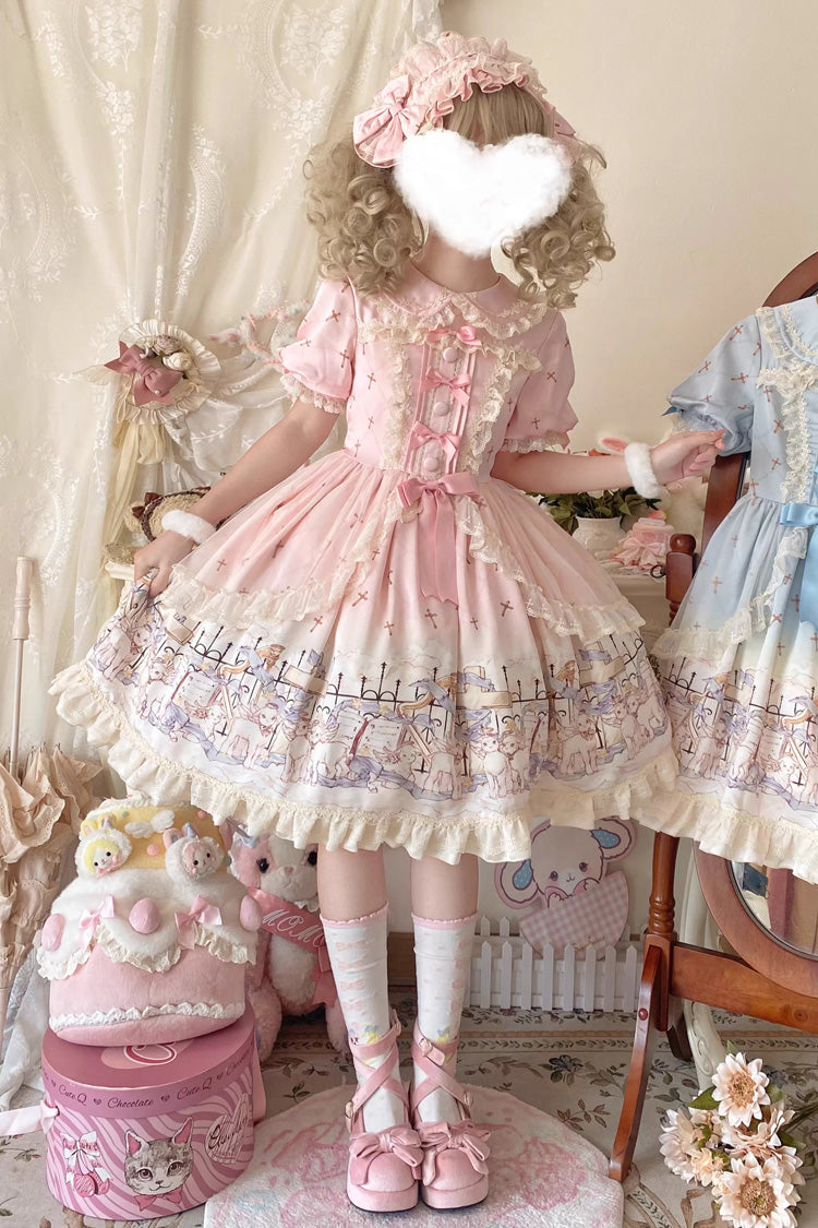 Pink Angel Lamb Lapel Collar Short Sleeves Printed Ruffled Bow Sweet Lolita Dress