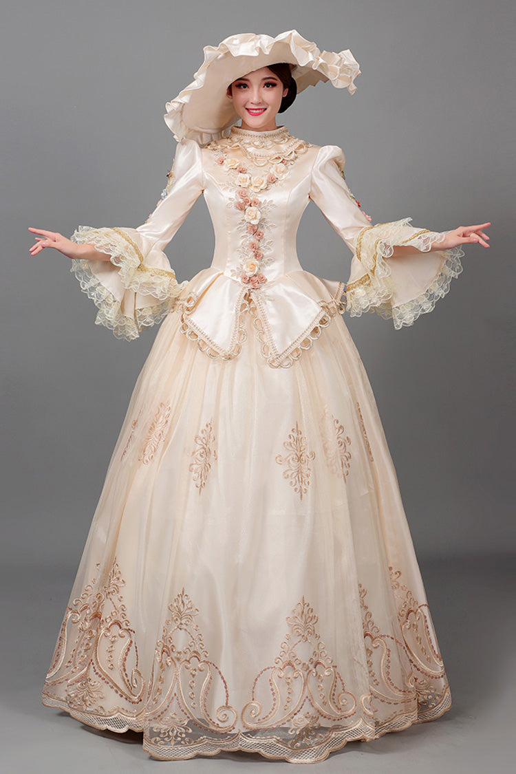 Champagne Court Style High Waisted Long Sleeves Floral Decorative Print Victorian Lolita Prom Dress