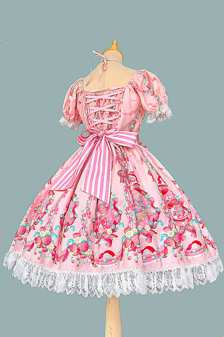 Strawberry Chef Short Sleeves Print Bowknot Lace Sweet Lolita Dress 4 Colors