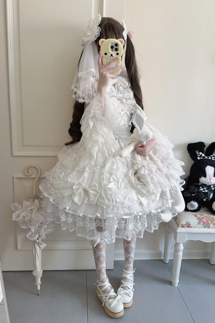 White Sweetheart Sleeveless Multi-Layered Embroidered Bow Lace Lace-Up Sweet Lolita Jsk Dress