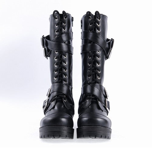 Black Stylish Patent Leather Straps Buckles Gothic Lolita Boots