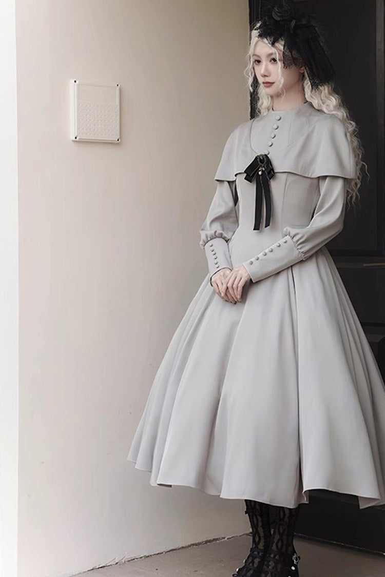 Grey Thirteenth Evening Long Sleeves Slim Gothic Elegant Lolita Dress