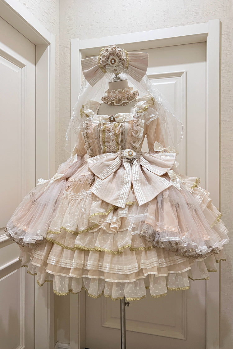 Apricot Coronation Long Trumpet Sleeves Multi-Layered Ruffle Bowknot Lace Sweet Gorgeous Lolita Dress Set