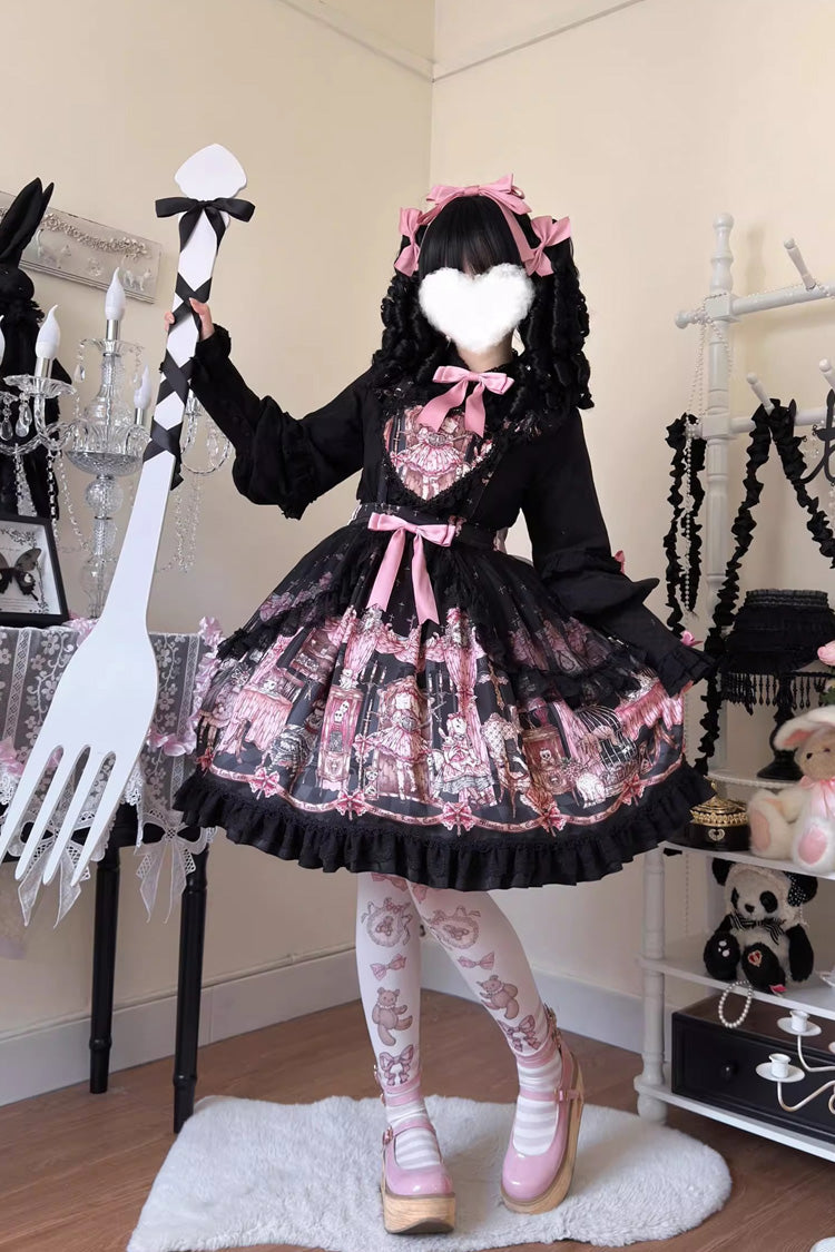 Black The Case of the Missing Lamb Print Ruffle Bowknot Lace Gothic Lolita SK Skirt