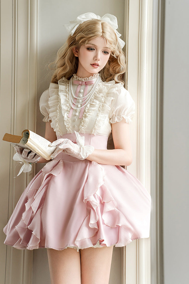 Pink/Apricot Miss Lola Stand Collar Short Sleeves Ruffle Bowknot Sweet Lolita Dress
