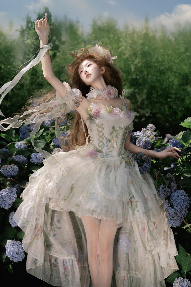 Green Spring Rose Sleeveless Multi-Layered Bowknot Lace-Up Fishbone Sweet Lolita Jsk Dress