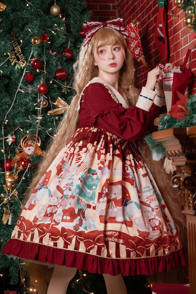 Wine Christmas Bear Print Long Sleeves High Waisted Bowknot Ruffled Sweet Lolita Op Dress