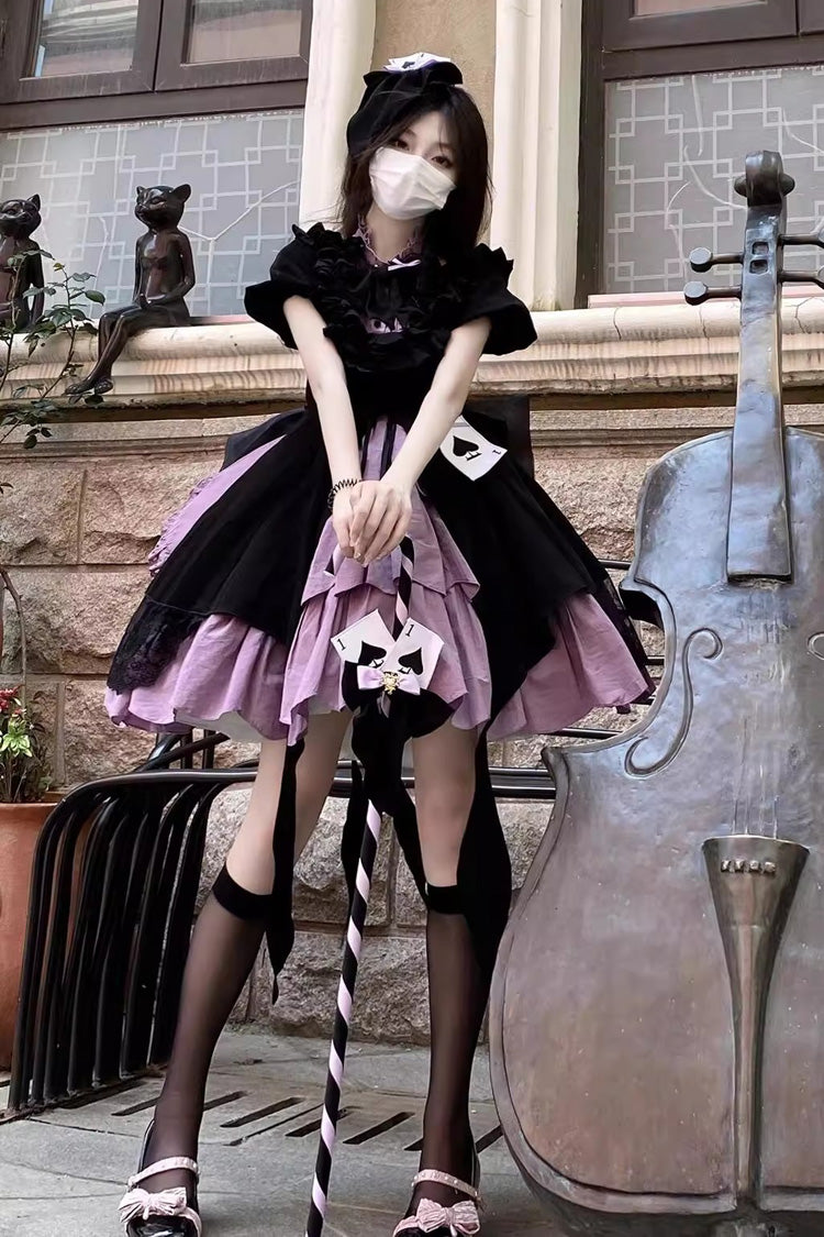 Black/Purple Phantom Thief Ace of Spades Short Sleeves Ruffle Bowknot Gothic Lolita Dress Set