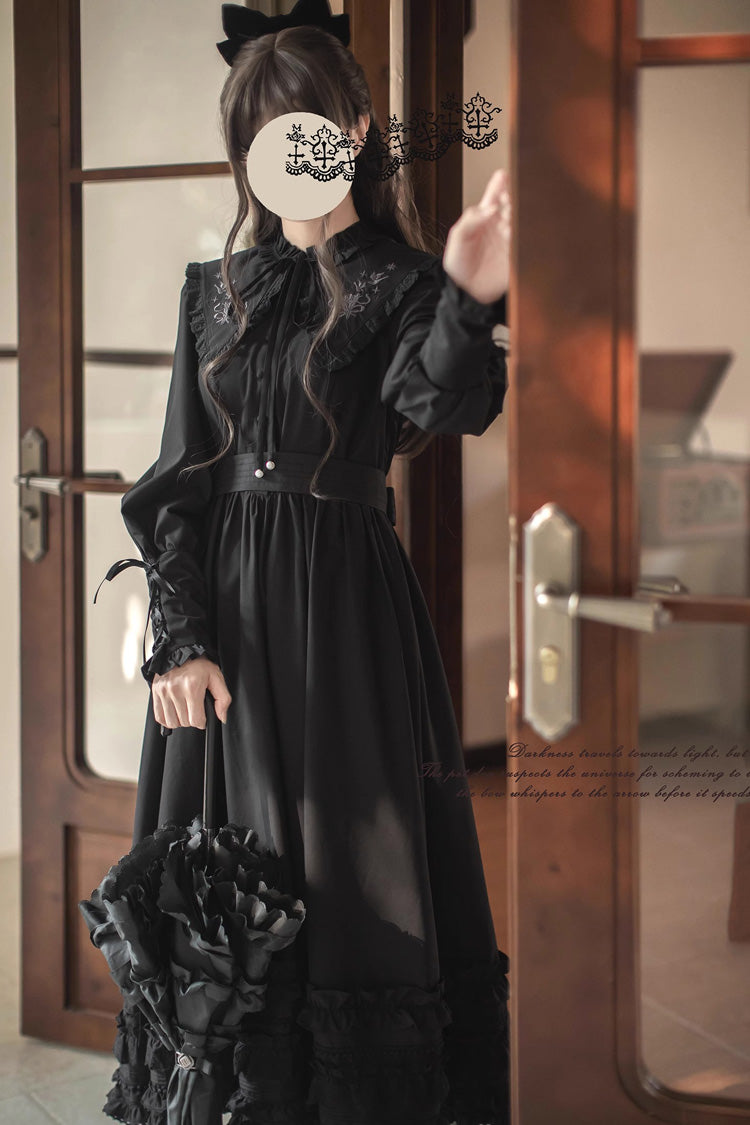Black Wind Kissed Tulips Long Sleeves Ruffle Embroidery Bowknot Gothic Vintage Elegant Lolita Dress