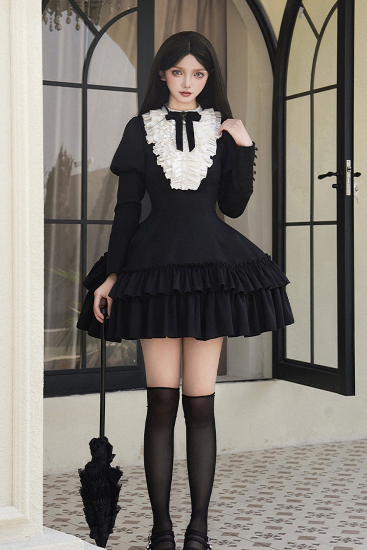Black Miss Weir Stand Collar Long Sleeves Double-Layered Ruffle Gothic Lolita Dress