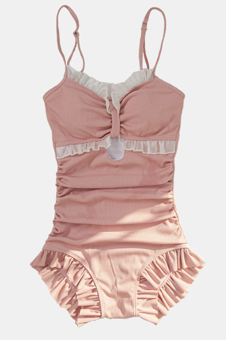 Pink Sleeveless Ruffle Cute Sweet Lolita Strapless One Piece Swimsuit