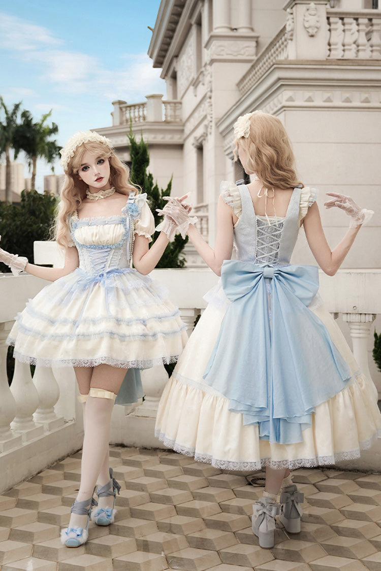 Ivory Sea Salt Iced Tea Square Collar Short Sleeves Ruffle Fishbone Sweet Lolita Short Dress