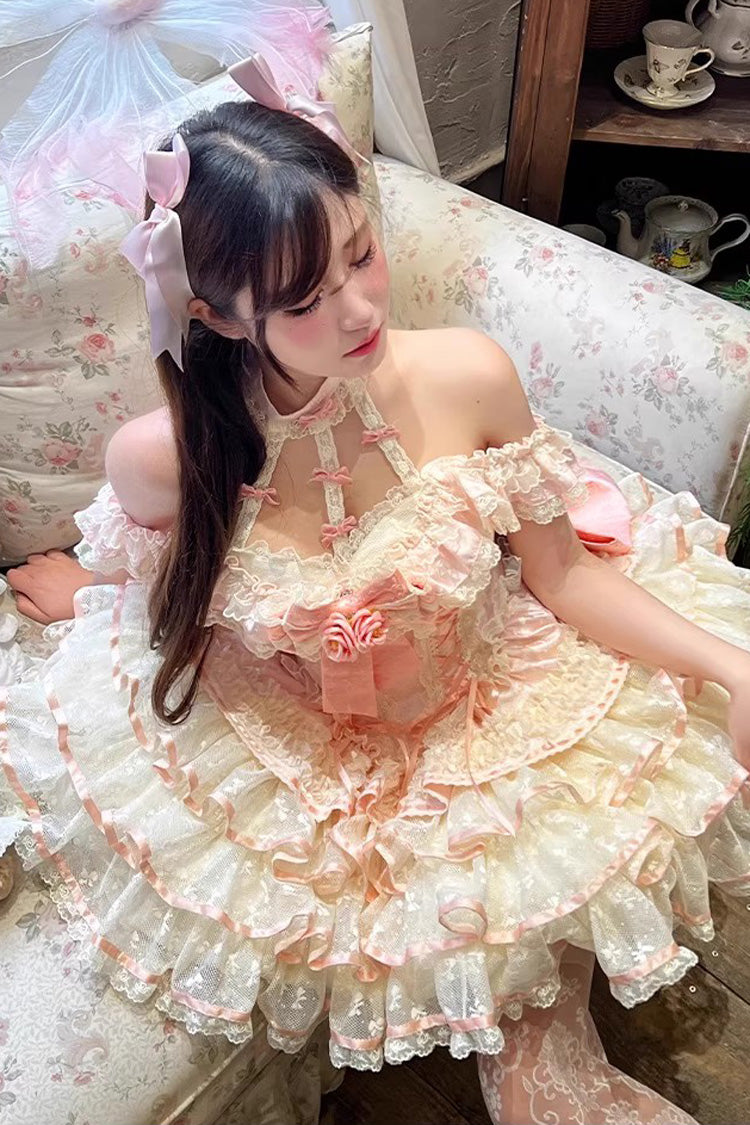 Pink Flower Language of Eros Halterneck Multi-Layered Ruffle Bowknot Rose Lace Lace-Up Sweet Ballet Lolita Jsk Dress