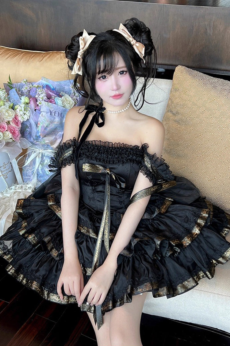 Black Princess Ribbon Off Shoulder Triple-Layered Ruffle Bowknot Sweet Lolita Dress