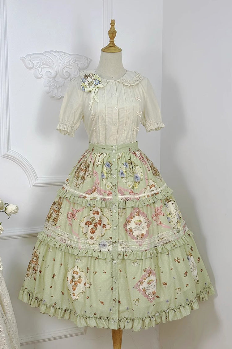 Green Cat Rose Tea Print Ruffle Daily Sweet Lolita Skirt