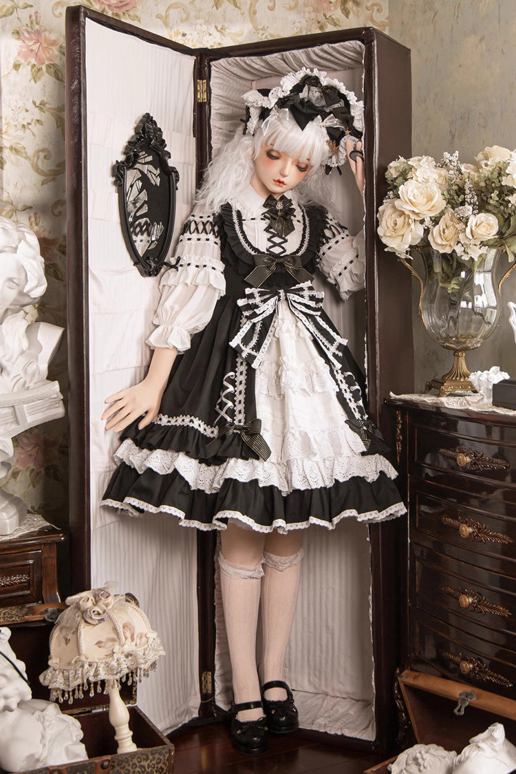 Black/White Tina's Gift Sleeveless Multi-Layered Ruffle Cardigan Bowknot Lace Sweet Lolita Jsk Dress