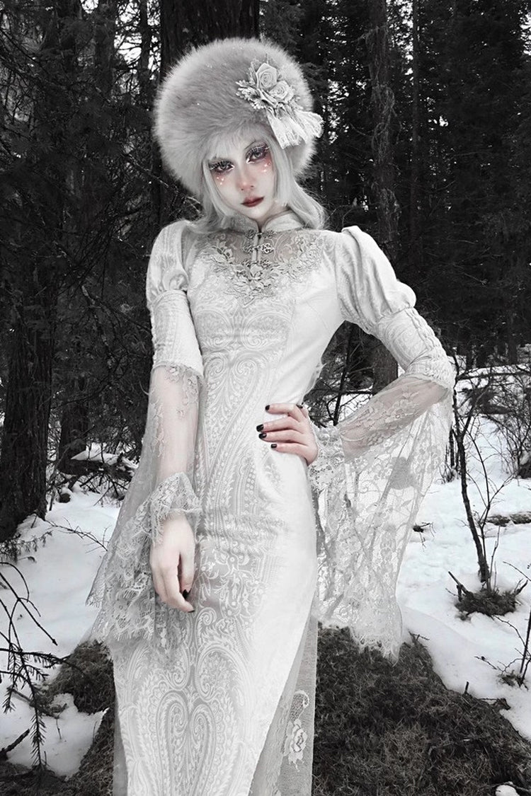 Silver The Call of the Snow Country V Collar Long Sleeves High Waisted Ruffle Lace Gothic Lolita Fishtail Dress
