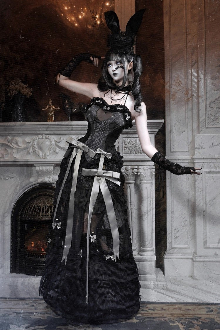 Black Cupid's Magic Box Basel French Ruffle Embroidery Bowknot Lace Gothic Elegant Lolita Long Skirt