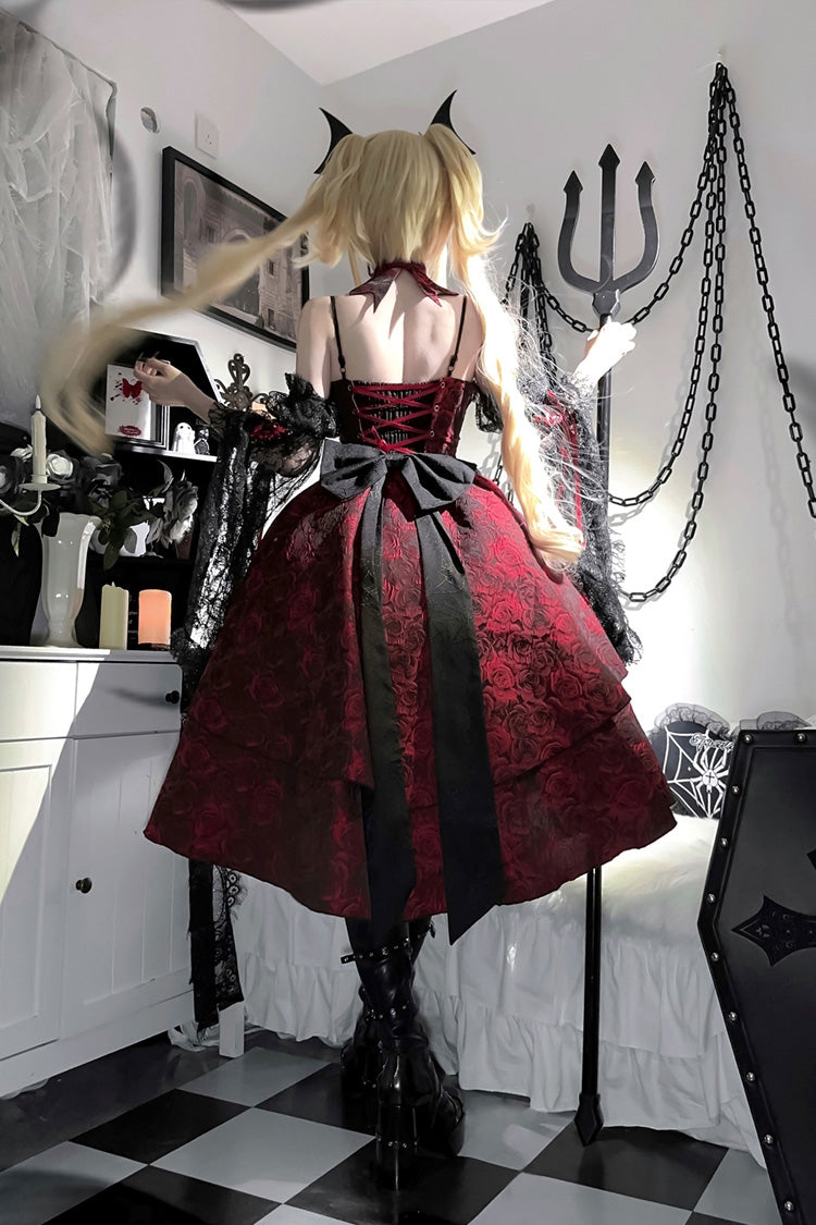 Black/Red Weeping Rose Jacquard Print Ruffle Cardigan Bowknot Lace-Up Gothic Lolita Dress