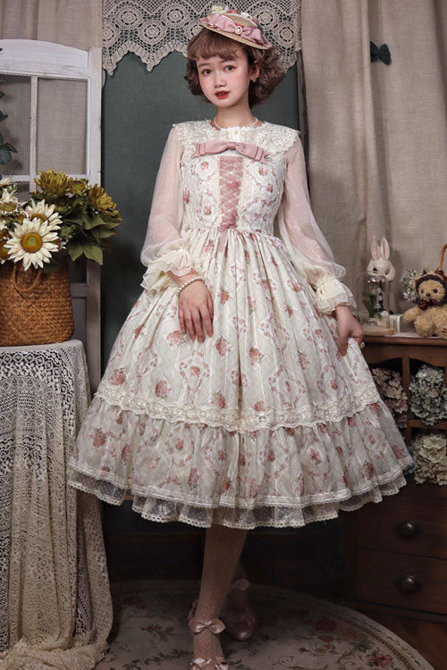 Pink Elegant Vintage Rose Print Multi-Layer Ruffled Sweet Lolita JSK Dress