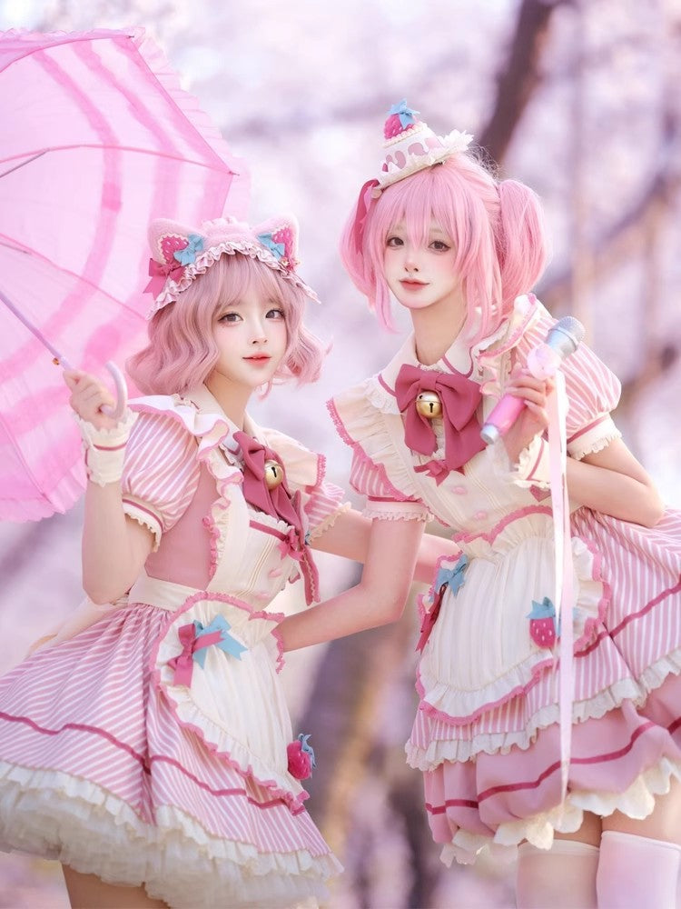 Pink Berry Bubbles Stripe Print Ruffle Bowknot Lace Sweet Lolita Dress