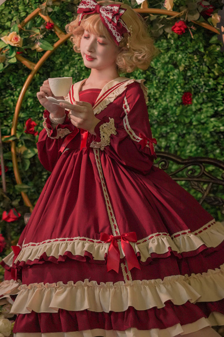 Court Style Long Sleeves High Waisted Bowknot Ruffled Multi-Layer Classic Lolita Op Dress