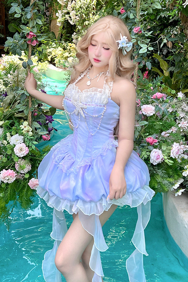 Blue Starlight Jellyfish Princess Halterneck Sleeveless Ruffle Lace Sweet Lolita Jsk Dress