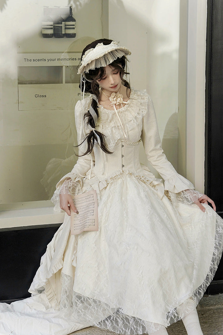 Ivory White Tea Long Sleeves Ruffle Bowknot Lace Irregular Classic Princess Lolita Dress