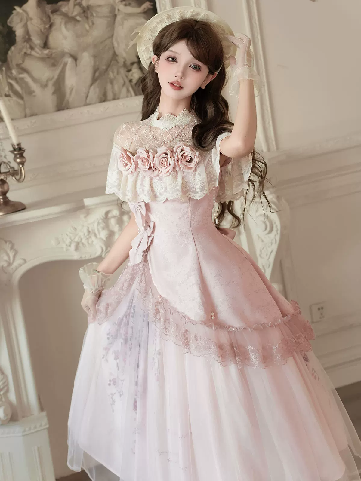 Pink Floral Mesh Lace Ruffled Rose Sweet Princess Vintage Lolita Dress