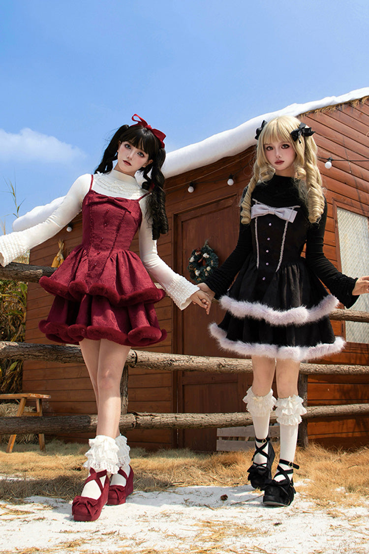 Winter's Wish Double-Layered Jacquard Bowknot Furry Sweet Lolita Jsk Dress 2 Colors