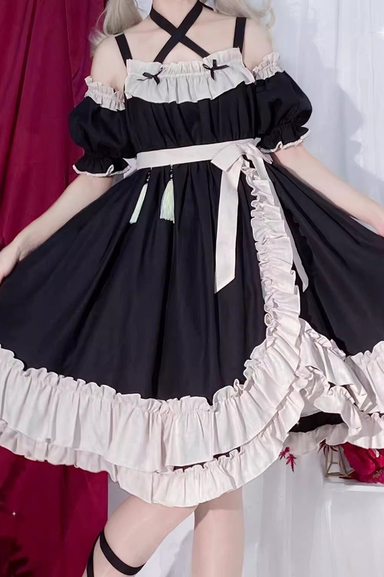 Black Monet Estate Sleeveless High Waisted Ruffle Bowknot Asymmetric Gothic Lolita Jsk Dress