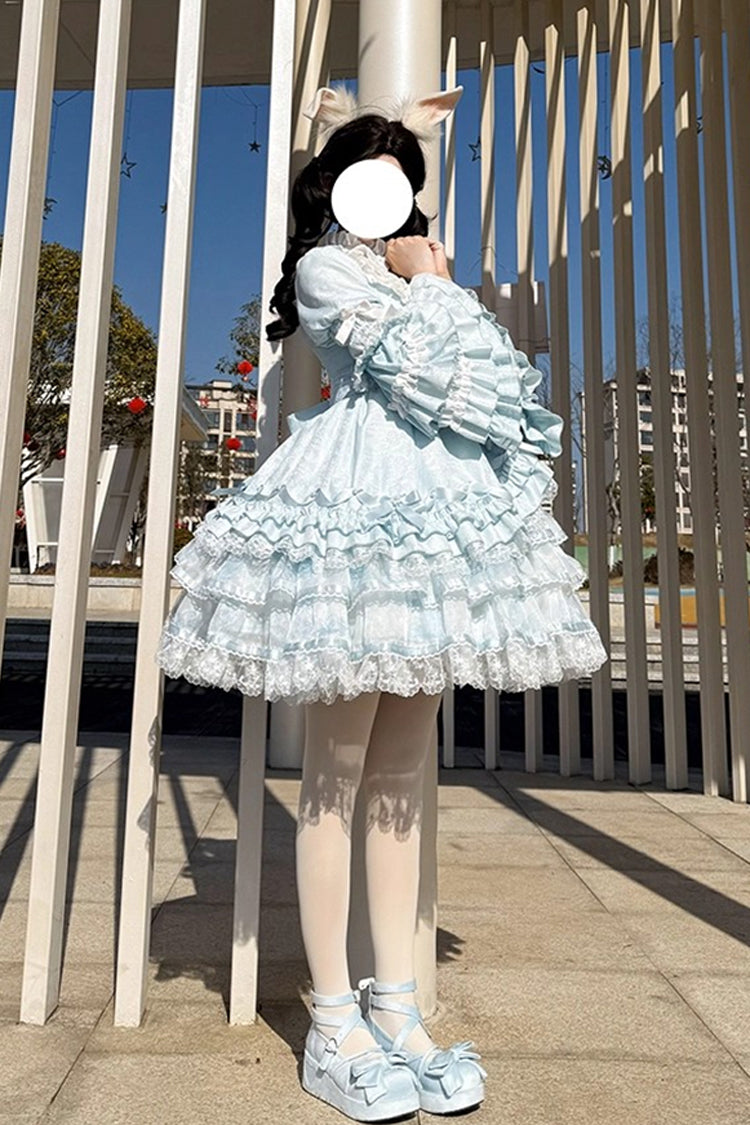 Blue The Soloist Doll Long Hime Sleeves Multi-Layered Print Ruffle Bowknot Asymmetric Sweet Lolita Dress