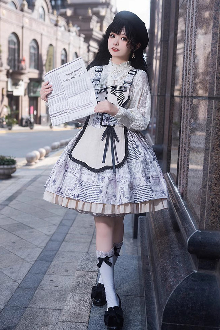 White Vintage Berlin Daily Print Removable Apron Classic Lolita Strap Dress