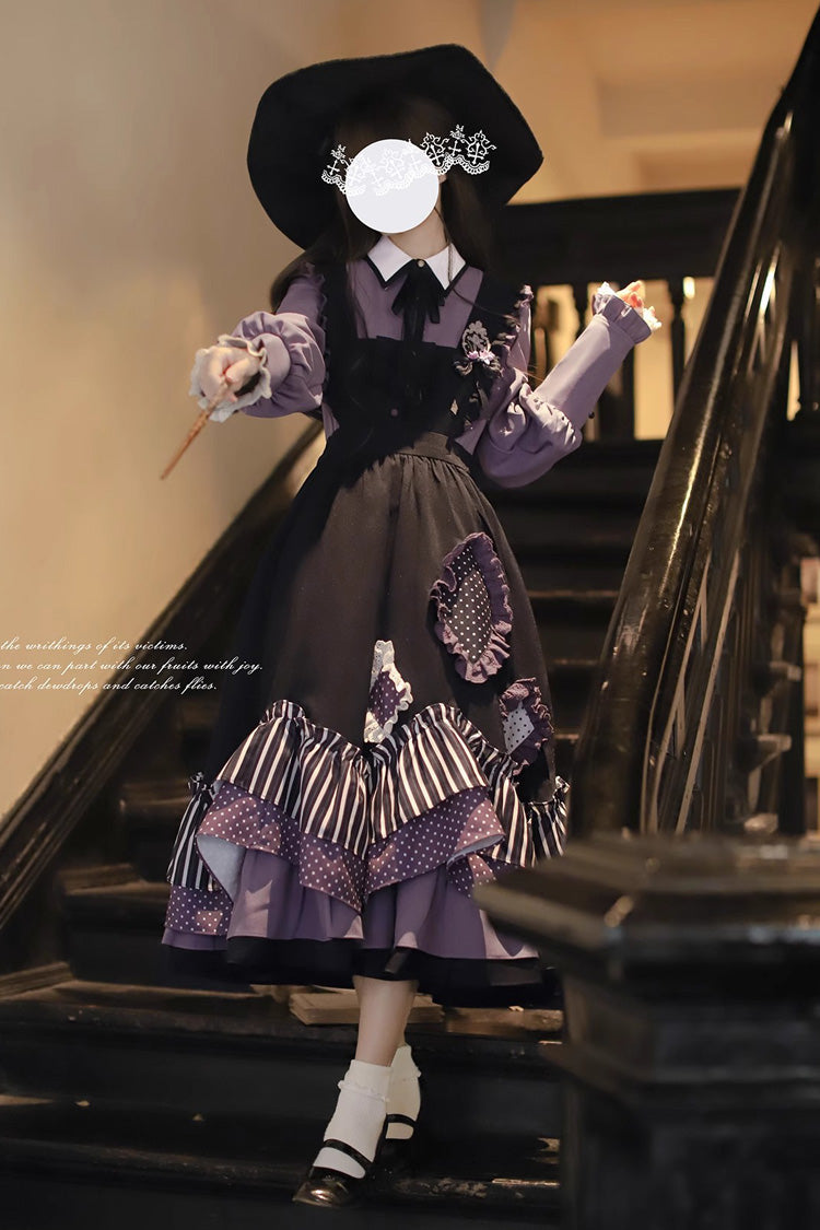 Black Witch Academy Double-Layered Stripe Print Ruffle Bowknot Irregular Sweet Lolita Jumper Dress