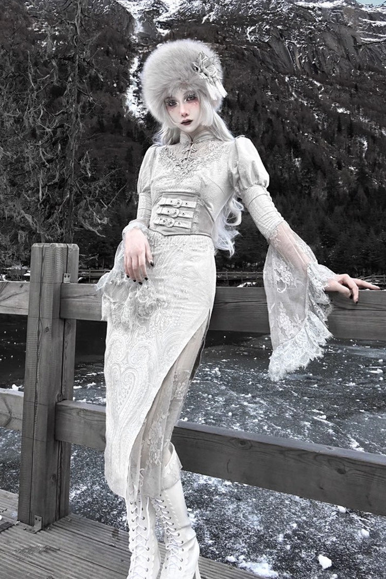 Silver The Call of the Snow Country V Collar Long Sleeves High Waisted Ruffle Lace Gothic Lolita Fishtail Dress