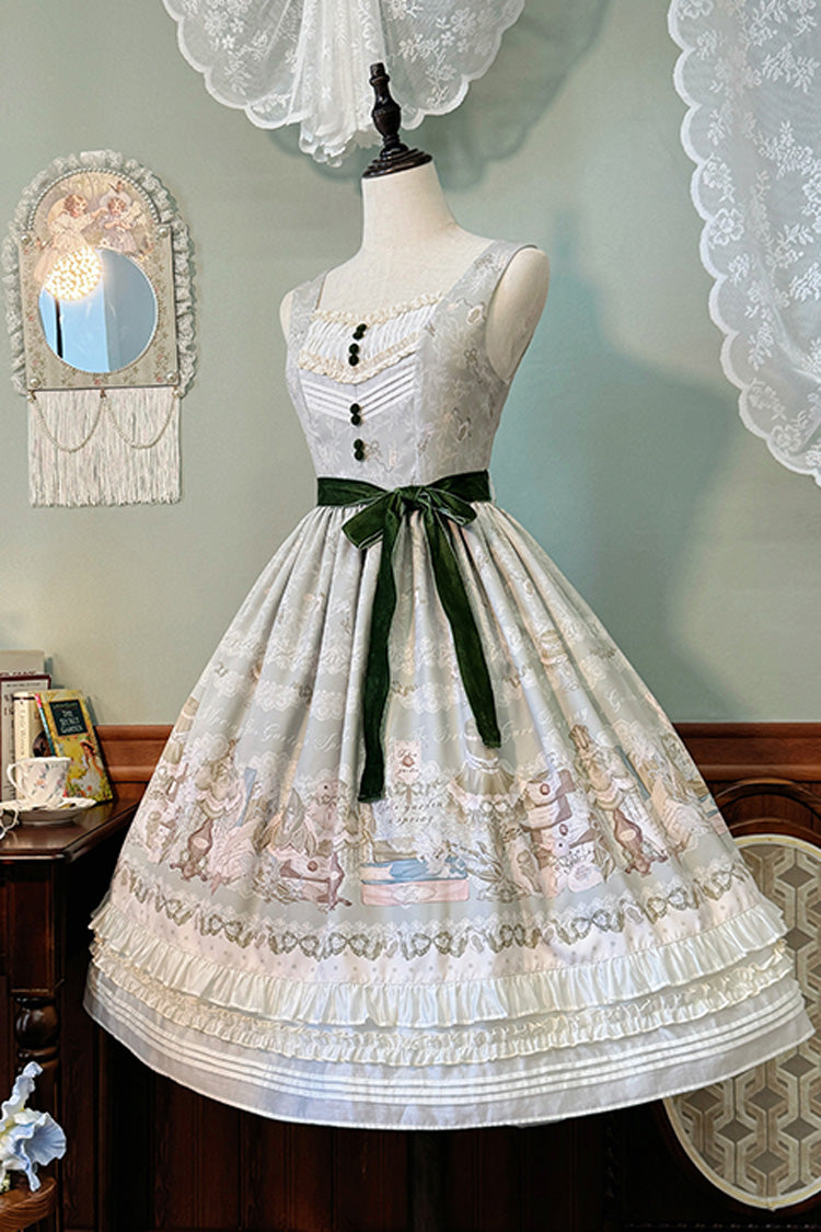 Iris Study V Collar Sleeveless Print Bowknot Lace Sweet Lolita Jumper Dress 2 Colors