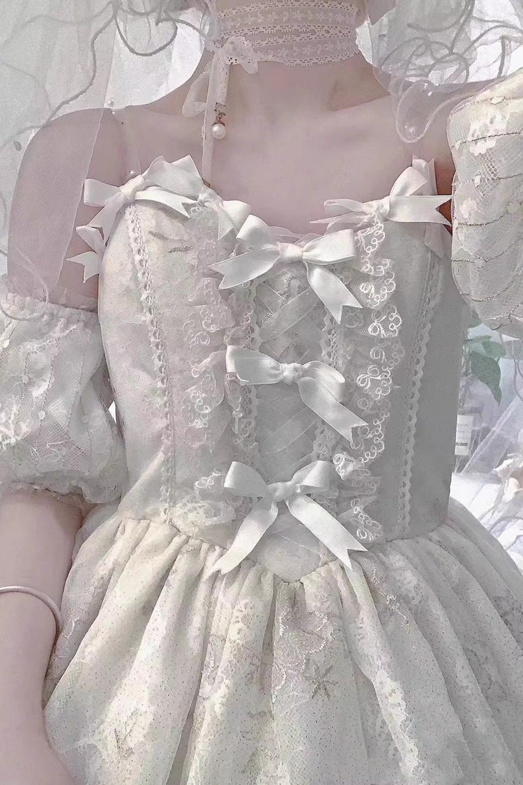 White Short Sleeves Multi-layer Print Hanayome Bowknot Sweet Princess Lolita Strapless Dress