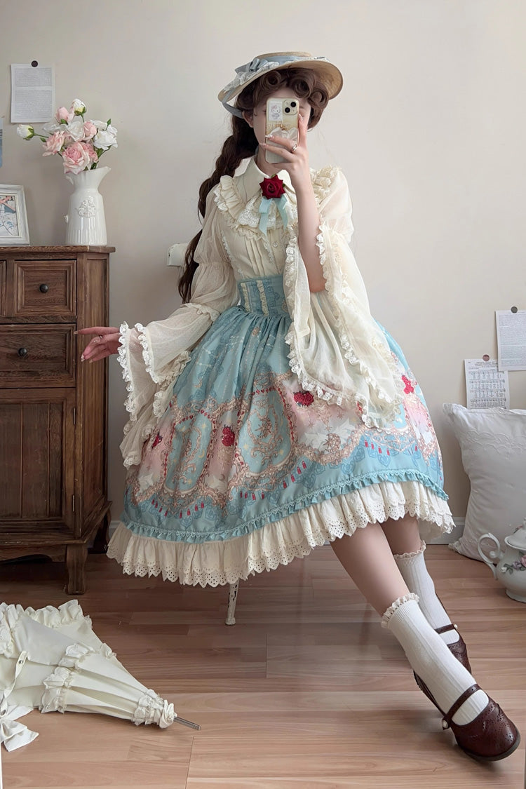 Blue Moonlit Garden Secret Print Ruffle Embroidery Lace Sweet Elegant Palace Lolita Skirt