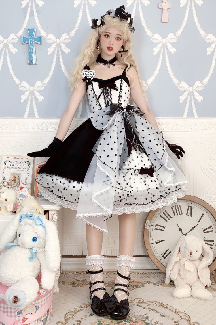 Black Polka Waltz Sleeveless Print Bowknot Stitching Lace Gothic Lolita Jsk Dress