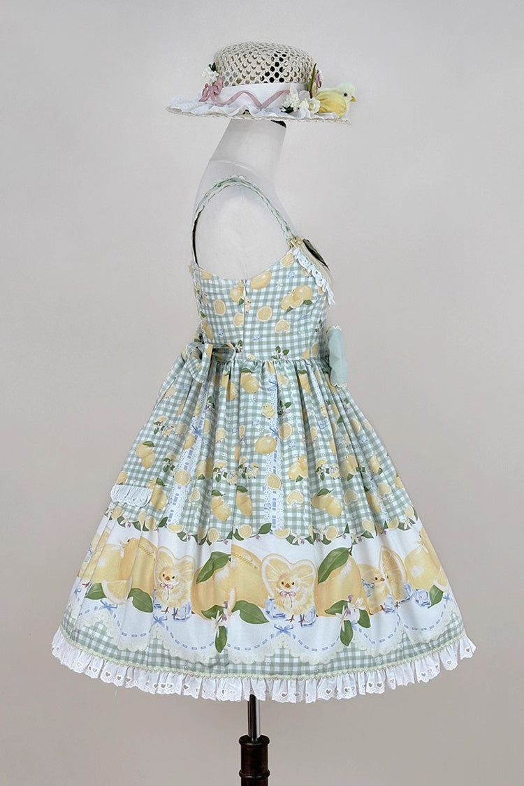 Green Lemon Chicken Print Ruffle Bowknot Lace Sweet Lolita Jsk Dress