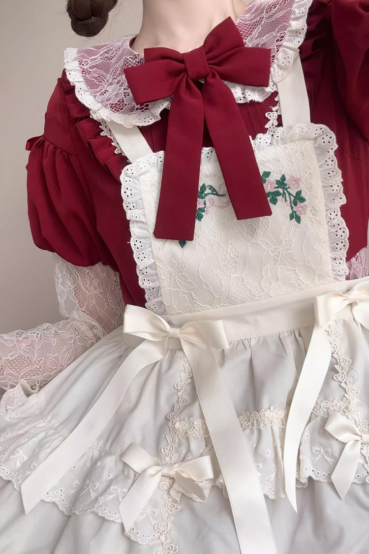 Red Mist over Flowers Along the Path Lapel Collar Long Sleeves Embroidery Bowknot Lace Sweet Lolita Dress