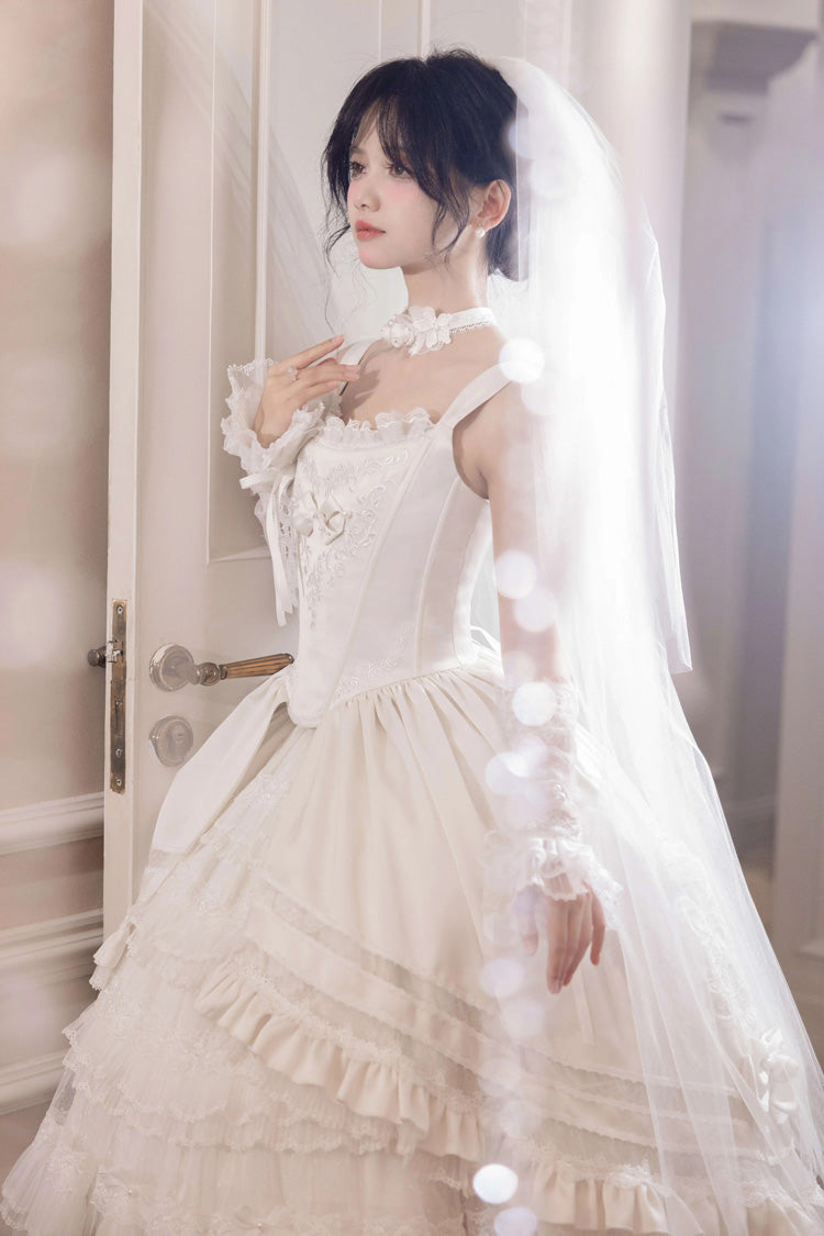 White Promise of the Rose Multi-Layered Ruffled Hanayome Open-Front Bow Sweet Gorgeous Lolita Jsk Dress Set
