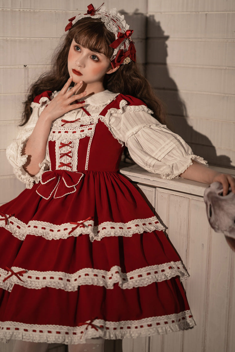 Red Antique Dolls Triple-Layered Bowknot Sweet Lolita Jsk Dress