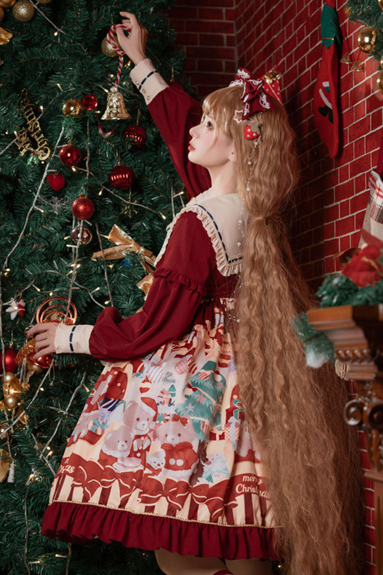 Wine Christmas Bear Print Long Sleeves High Waisted Bowknot Ruffled Sweet Lolita Op Dress